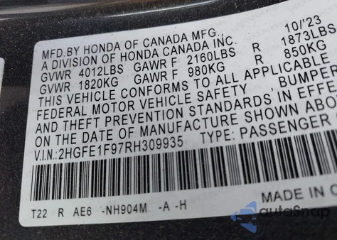 2024 Honda Civic Touring from USA, damaged, VIN 2HGFE1F97RH309935